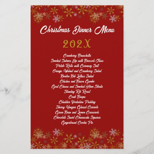 Gold Snowflakes Rotes Weihnachtsmenü (Vorderseite)
