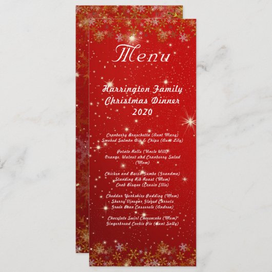 Gold Snowflakes Rotes Weihnachtsmenü Menükarte (Vorne/Hinten)