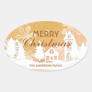 Gold Snowflakes Weihnachten Weihnachten Frohes Neu Ovaler Aufkleber