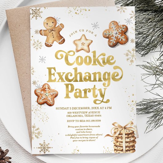 Gold Snowflakes Weihnachts-Cookie-Exchange-Party Einladung