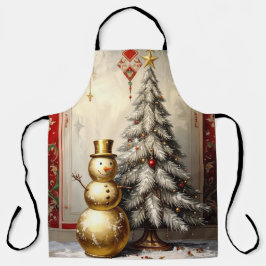 Gold Snowman Christmas Tree Holiday Apron Schürze