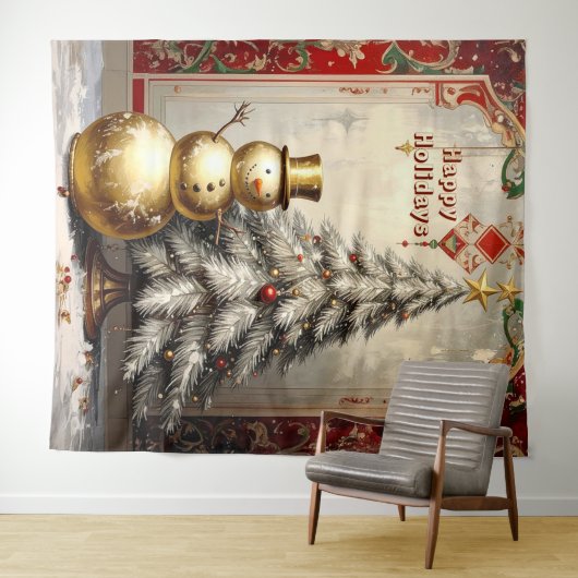 Gold Snowman Christmas Tree Holiday Backdrop Wandteppich (Beispiel (Horizontal))