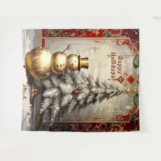 Gold Snowman Christmas Tree Holiday Backdrop Wandteppich (Vorderseite (Horizontal))
