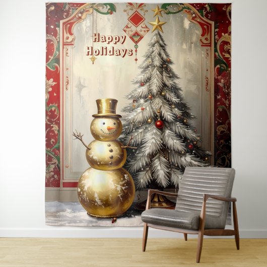 Gold Snowman Christmas Tree Holiday Backdrop Wandteppich (Beispiel)