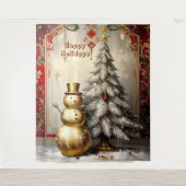 Gold Snowman Christmas Tree Holiday Backdrop Wandteppich (Vorderseite)