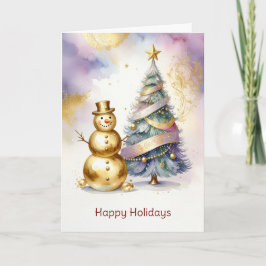 Gold Snowman Christmas Tree Holiday Card Karte