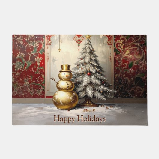 Gold Snowman Christmas Tree Holiday Doormat Fußmatte (Vorderseite)
