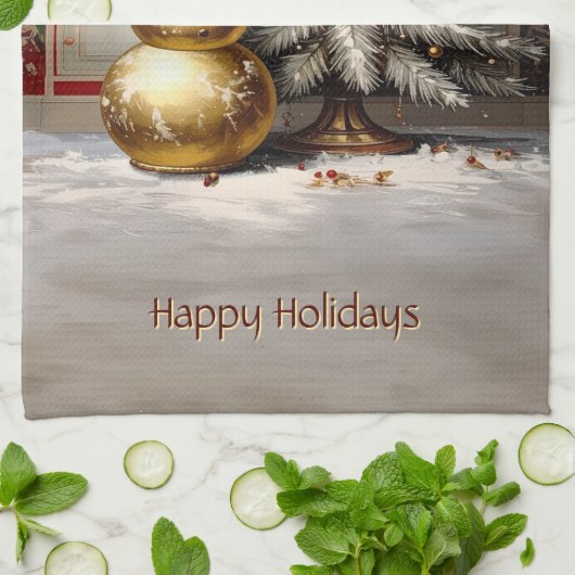 Gold Snowman Christmas Tree Holiday Geschirrtuch (Gefaltet)