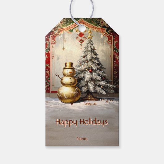 Gold Snowman Christmas Tree Holiday Gift Tag Geschenkanhänger (Vorderseite)