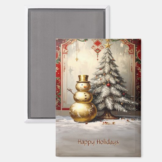 Gold Snowman Christmas Tree Holiday Magnet (Vorderseite/Rückseite)