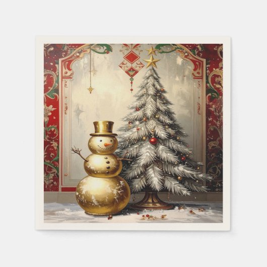 Gold Snowman Christmas Tree Holiday Napkin Serviette (Vorderseite)