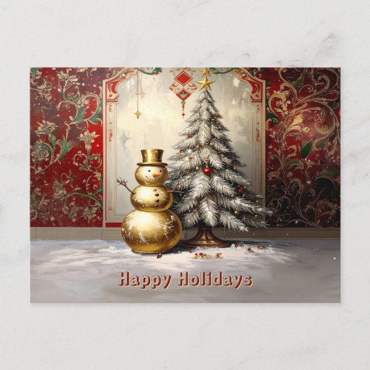Gold Snowman Christmas Tree Holiday Postcard Postkarte (Vorderseite)