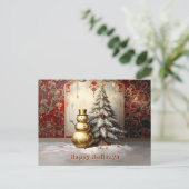 Gold Snowman Christmas Tree Holiday Postcard Postkarte (Stehend Vorderseite)