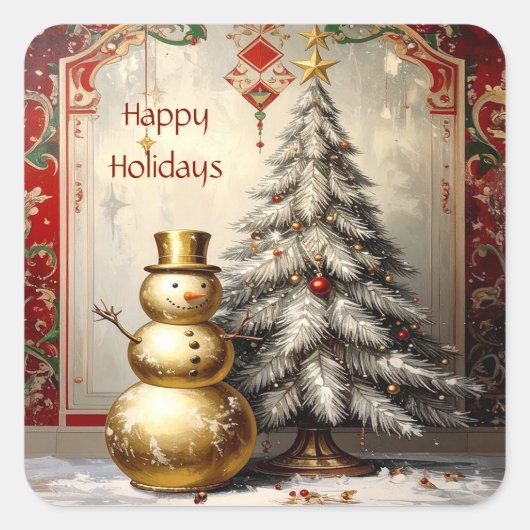 Gold Snowman Christmas Tree Holiday Sticker (Vorderseite)