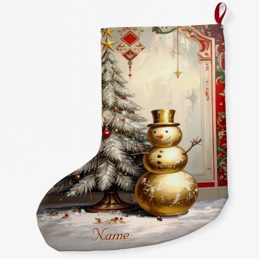 Gold Snowman Christmas Tree Holiday Stocking Großer Weihnachtsstrumpf (Rückseite)