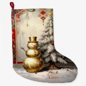 Gold Snowman Christmas Tree Holiday Stocking Großer Weihnachtsstrumpf (Vorderseite)