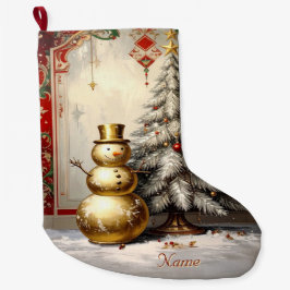 Gold Snowman Christmas Tree Holiday Stocking Großer Weihnachtsstrumpf