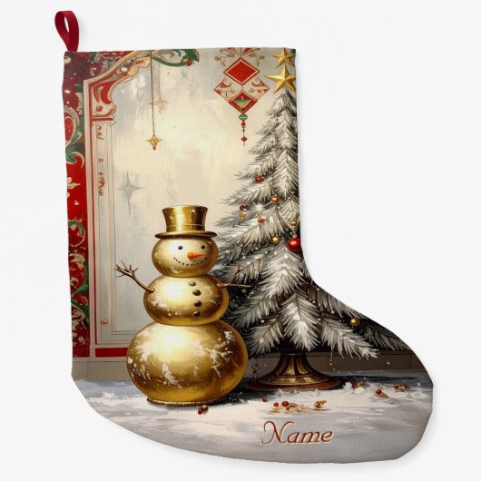 Gold Snowman Christmas Tree Holiday Stocking Großer Weihnachtsstrumpf (Vorderseite)