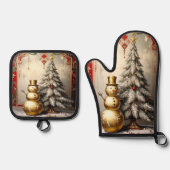 Gold Snowman Christmas Tree Ofenhandschuh & Topflappen-Set (Vorderseite)