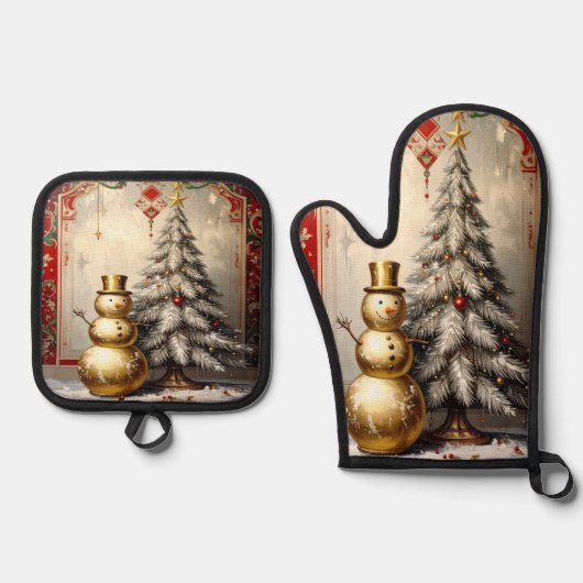 Gold Snowman Christmas Tree Ofenhandschuh & Topflappen-Set (Vorderseite)