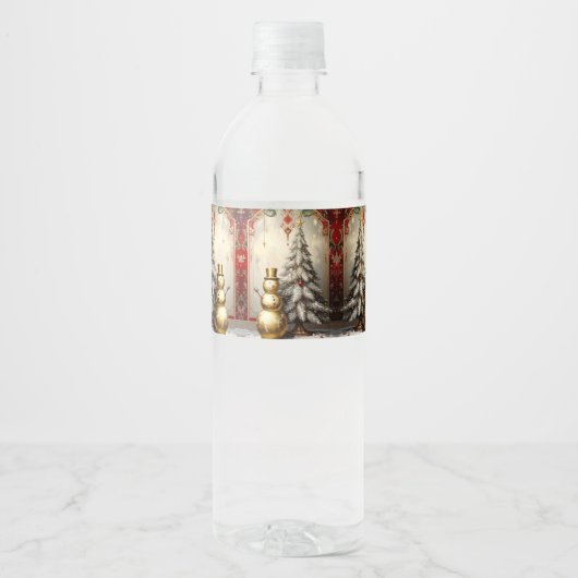 Gold Snowman Christmas Tree Water Bottle Label Wasserflaschenetikett (Vorderseite)
