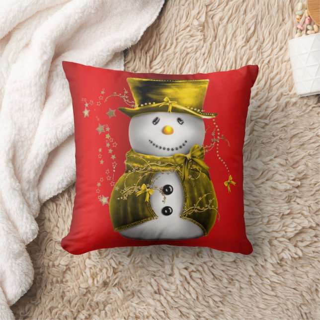 Gold Snowman in Red Kissen (Decke)
