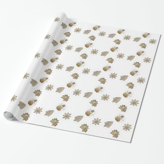 Gold Snowman, Schneeflocke, Baum und Poinsetta Geschenkpapier (Ungerollt)