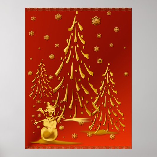 Gold Snowman und Weihnachtsbaum Print Poster (Vorne)