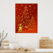 Gold Snowman und Weihnachtsbaum Print Poster (Küche)