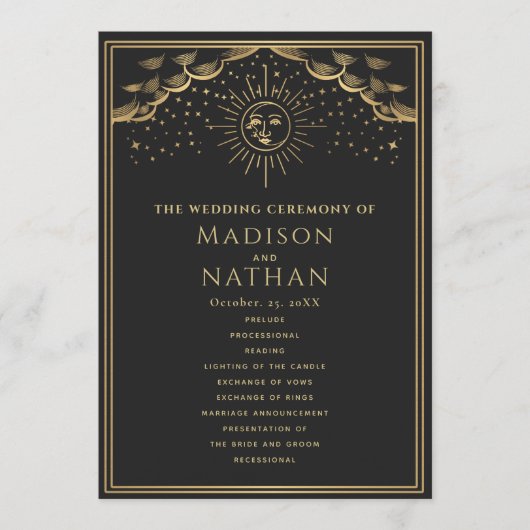 Gold Sonne und Mond Tarot Hochzeit Programm (Vorderseite)