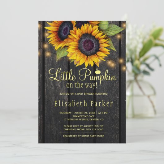 Gold Sonnenblumen Country Stallholz Babydusche Einladung (Stehend Vorderseite)