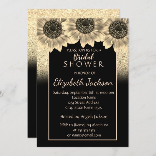 Gold, Sonnenblumen, Glitzer Brautparty Einladung (Vorne/Hinten)