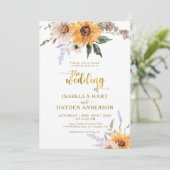 Gold Sonnenblumen Rustic Daisies Fall Blumenhochze Einladung (Stehend Vorderseite)