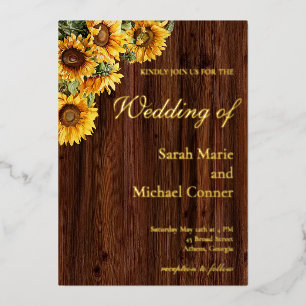 Gold Sonnenblumen rustikales Stallholz Folieneinladung
