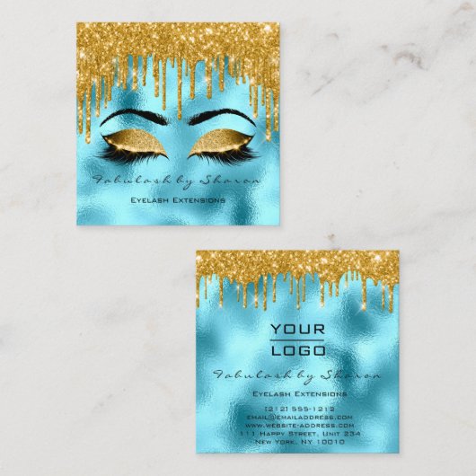 Gold Spark Makeup Artist Lashes Logo Blau Quadratische Visitenkarte (Vorne/Hinten)