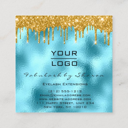 Gold Spark Makeup Artist Lashes Logo Blau Quadratische Visitenkarte (Rückseite)