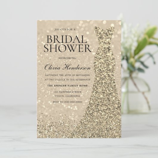 Gold Sparkeil Champagner Shimmer Brautparty Einladung (Stehend Vorderseite)