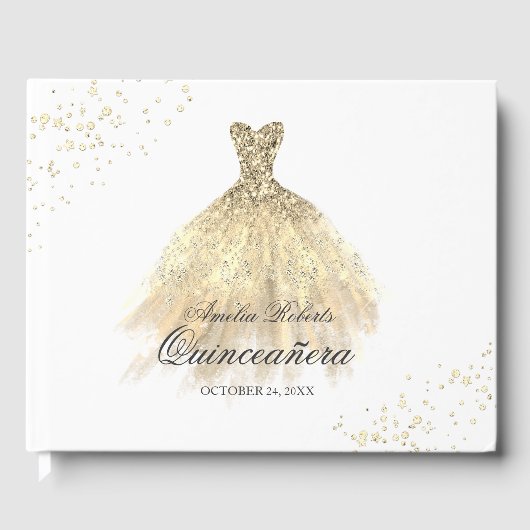 Gold Sparkkleid Quinceanera Gästebuch (Vorderseite)