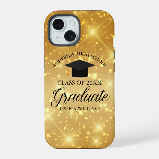 Gold Sparkle Abschluss Chic Custom 2025 Graduate iPhone 15 Hülle (Rückseite)