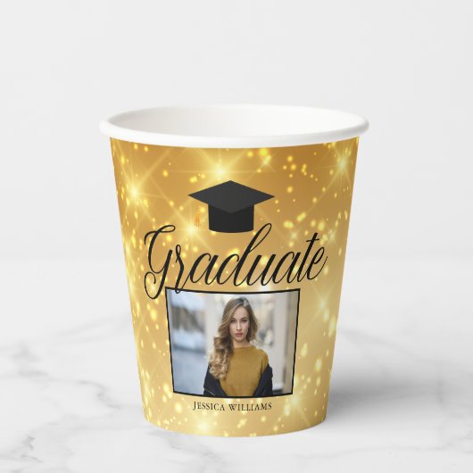 Gold Sparkle Abschluss Foto Chic Custom Party Pappbecher (Vorderseite)