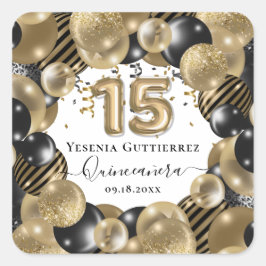 Gold Sparkle Black Quinceanera Ballon Quadratischer Aufkleber