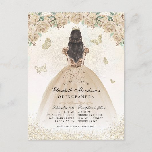 Gold Sparkle Blumenprinzessin Quinceañera Geburtst Postkarte (Vorderseite)