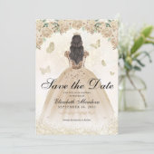 Gold Sparkle Blumenprinzessin Quinceañera Geburtst Save The Date (Stehend Vorderseite)