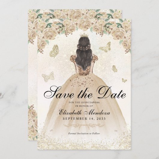 Gold Sparkle Blumenprinzessin Quinceañera Geburtst Save The Date (Vorne/Hinten)