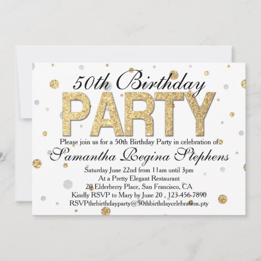 Gold Sparkle Confetti 50. Geburtstagsparty Einladung (Vorderseite)