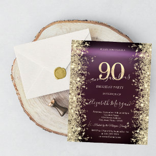 Gold Sparkle Diamonds Burgund 90. Geburtstag Einladung