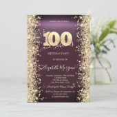 Gold Sparkle Diamonds Burgundy 100. Geburtstag Einladung (Stehend Vorderseite)