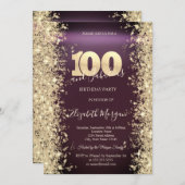 Gold Sparkle Diamonds Burgundy 100. Geburtstag Einladung (Vorne/Hinten)