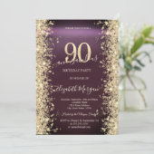 Gold Sparkle Diamonds Burgundy 90. Geburtstag Einladung (Stehend Vorderseite)