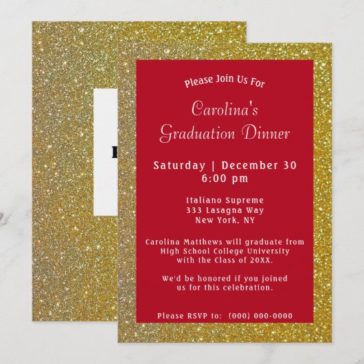 Gold Sparkle Dinner Roter Abschluss Einladung (Vorne/Hinten)